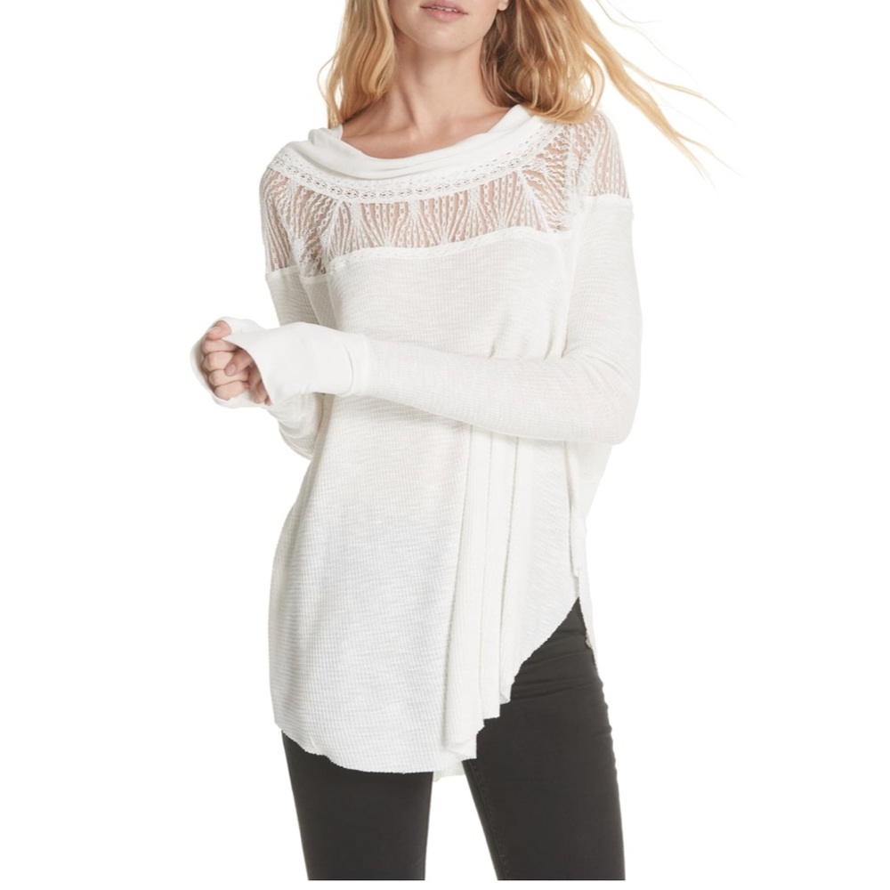 Free People | White waffle top with lace shoulders